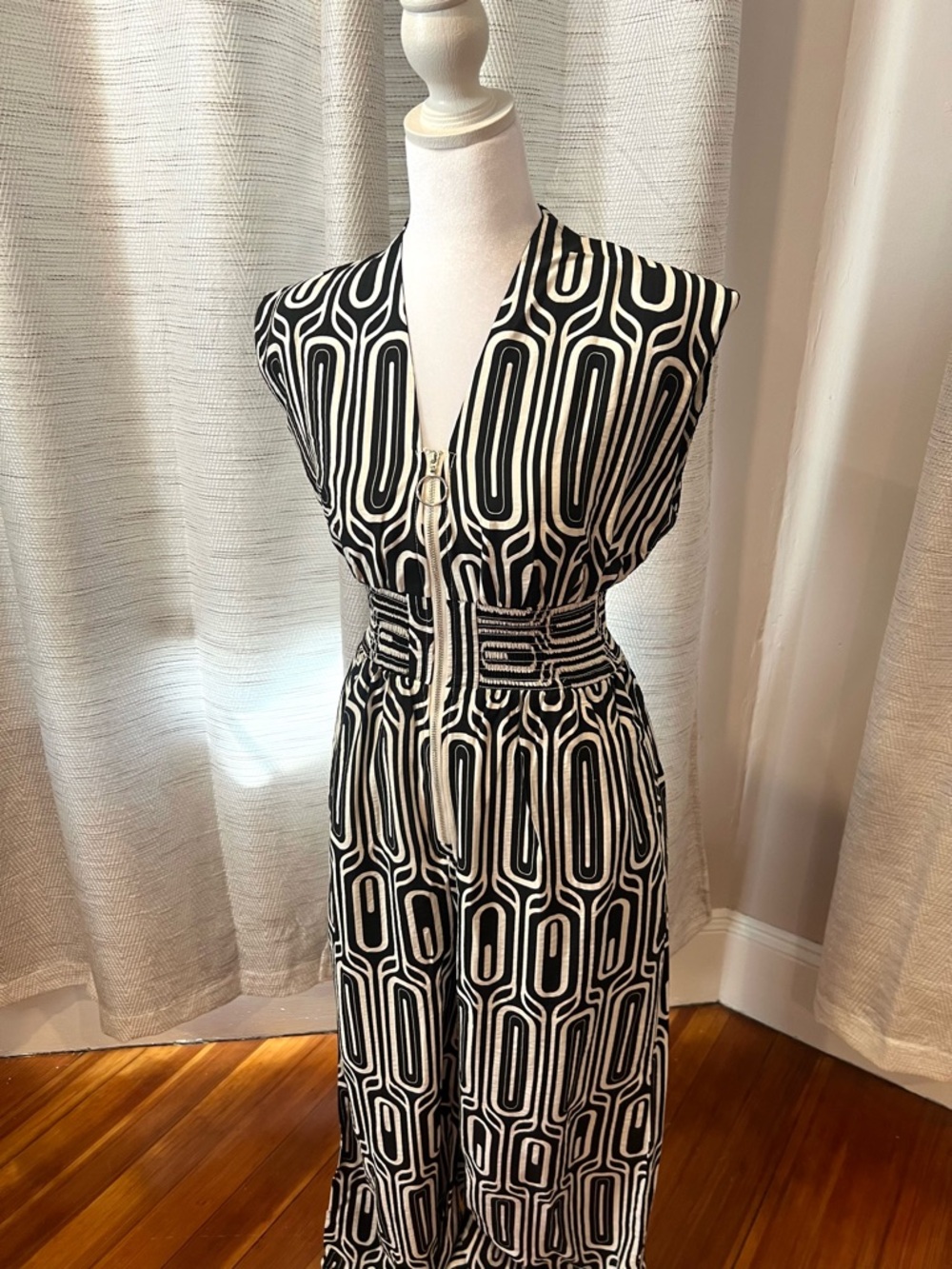 Impressions Black & White Geometric Maxi Dress with Front Zip